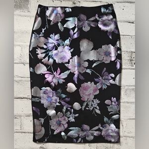 Le Chateau Black Floral Midi Pencil Skirt Purple Pastel Print XXS